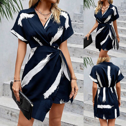 Elarova | Elegantes bedrucktes V-Ausschnitt-Kleid mit Schleife