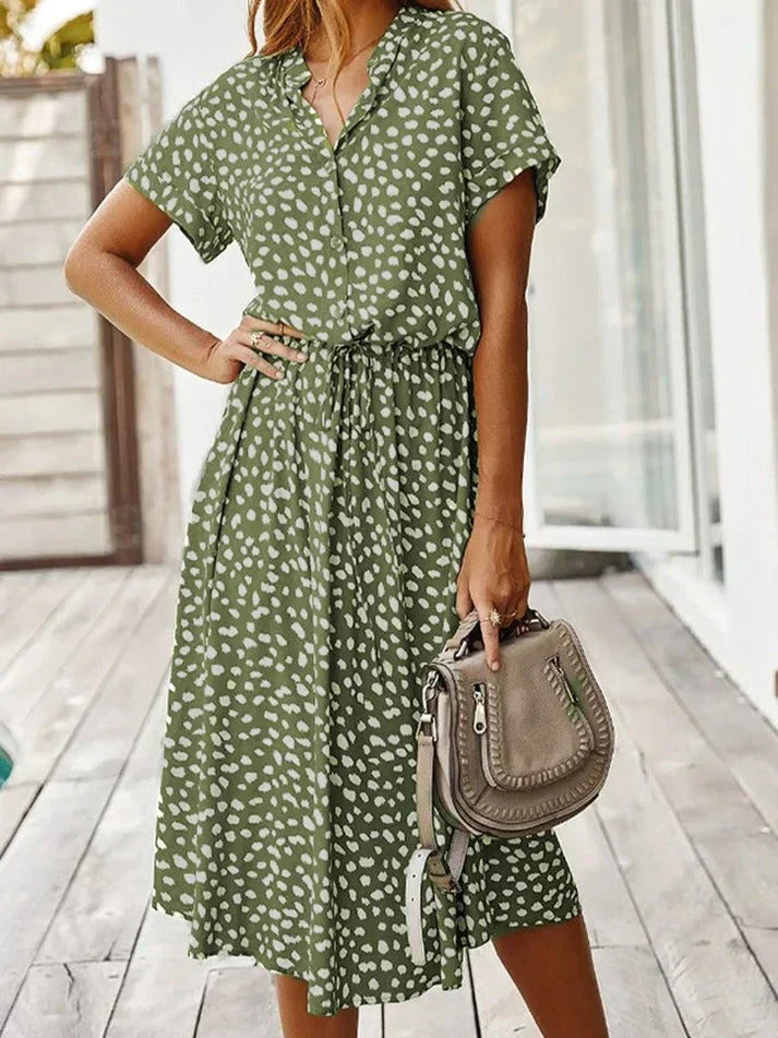 Elarova | Elegantes kurzärmliges Hemdblusenkleid mit Polka Dots und Kordelzug in der Taille