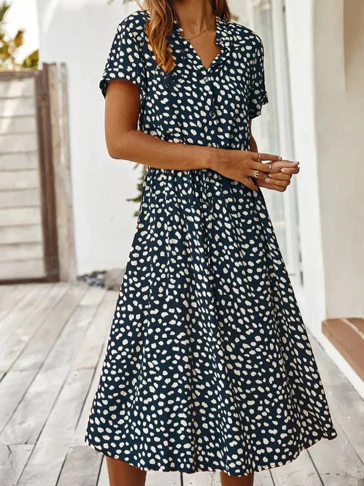 Elarova | Elegantes kurzärmliges Hemdblusenkleid mit Polka Dots und Kordelzug in der Taille