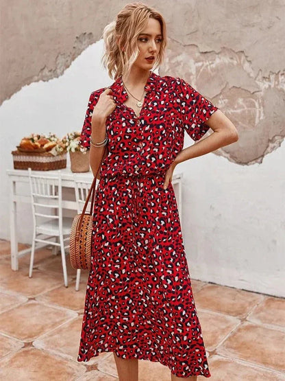 Elarova | Elegantes kurzärmliges Hemdblusenkleid mit Polka Dots und Kordelzug in der Taille
