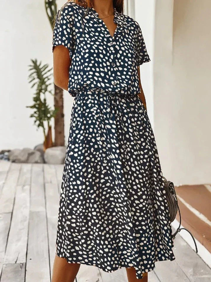 Elarova | Elegantes kurzärmliges Hemdblusenkleid mit Polka Dots und Kordelzug in der Taille
