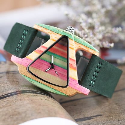 Elarova | Farbige Dreieck Bamboo Wood Uhr