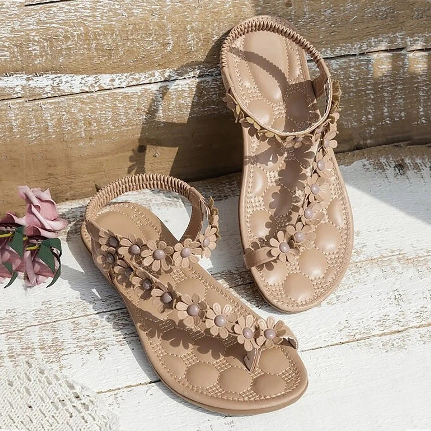Elarova | Flache Sommer Blumen Sandalen