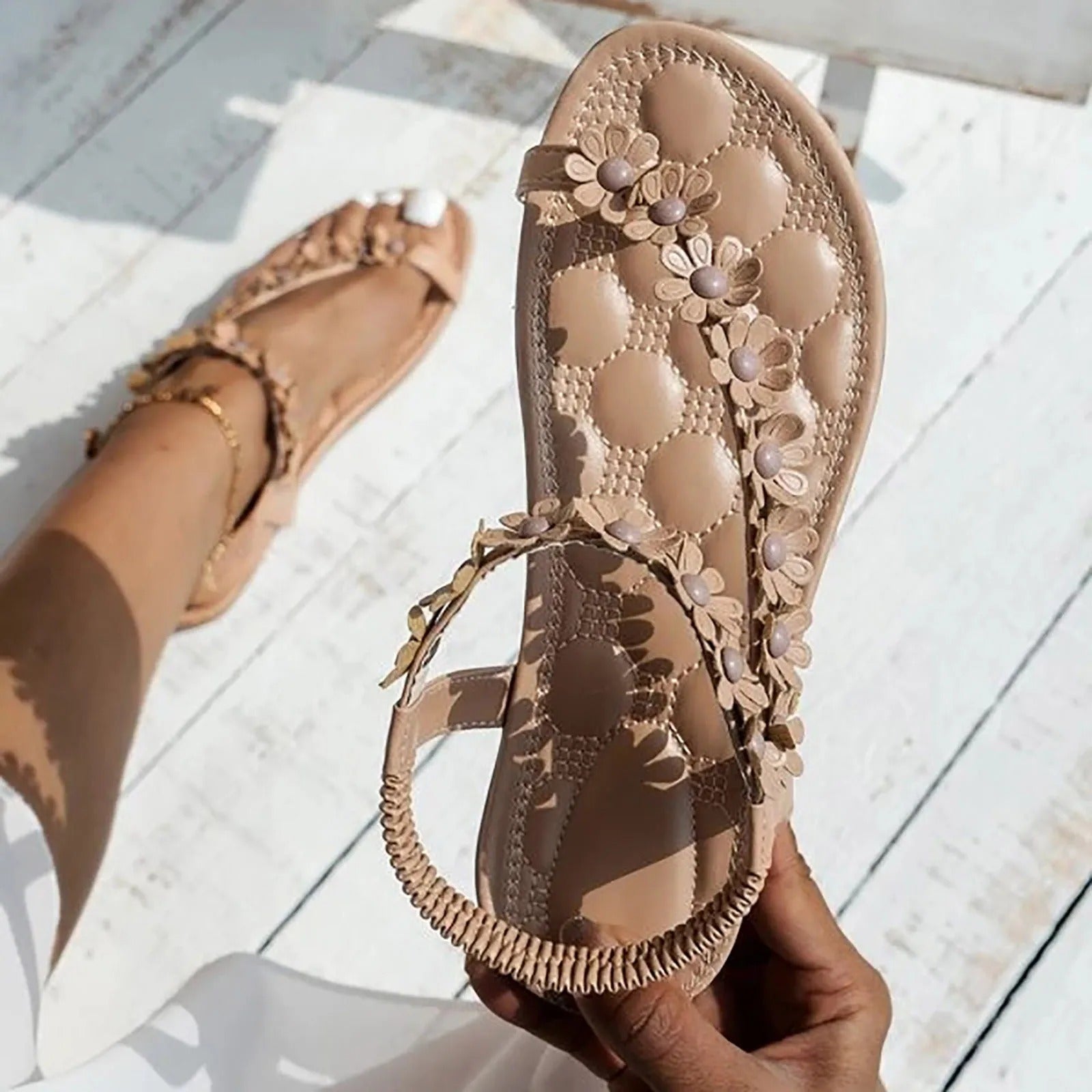 Elarova | Flache Sommer Blumen Sandalen