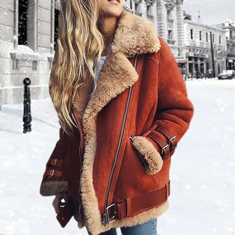 Elarova | Fliegerjacke - warme Kunstpelzjacke mit Riemendetails