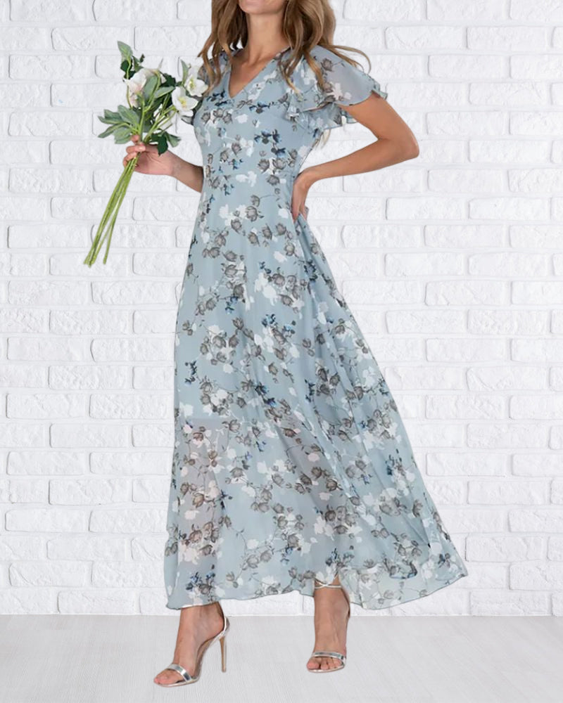 Elarova | Florales Maxikleid Damen | Chiffonstoff luftiges Sommerkleid | Maxikleid mit fließendem Rock