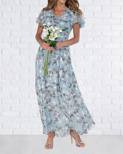 Elarova | Florales Maxikleid Damen | Chiffonstoff luftiges Sommerkleid | Maxikleid mit fließendem Rock