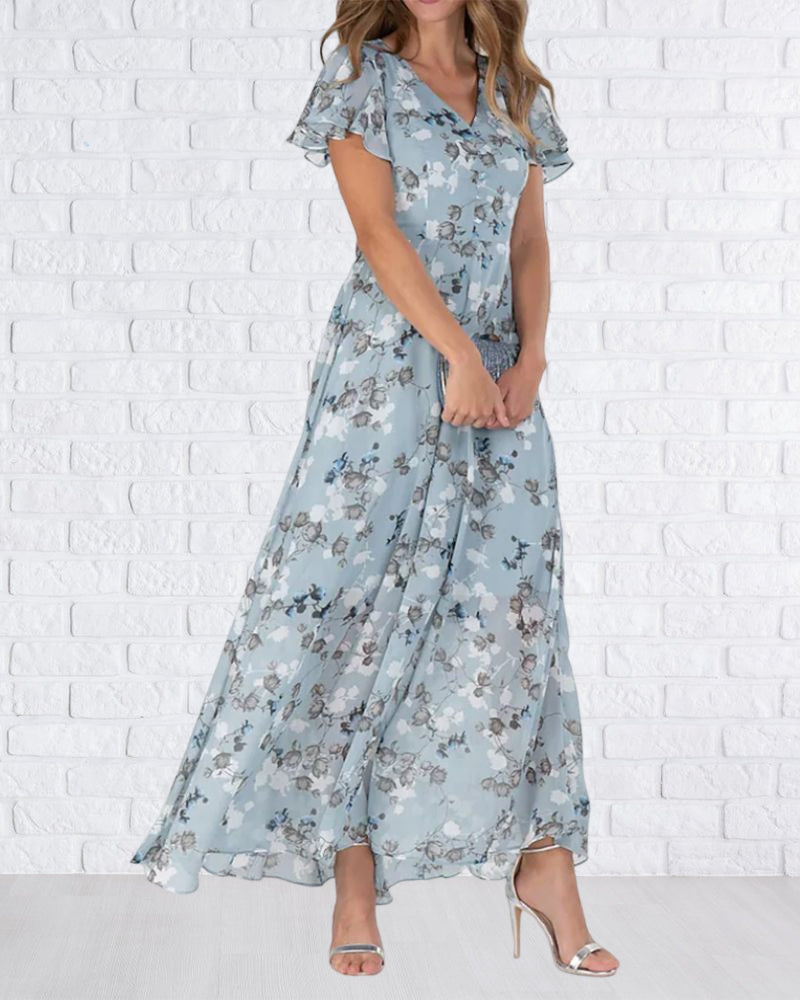 Elarova | Florales Maxikleid Damen | Chiffonstoff luftiges Sommerkleid | Maxikleid mit fließendem Rock