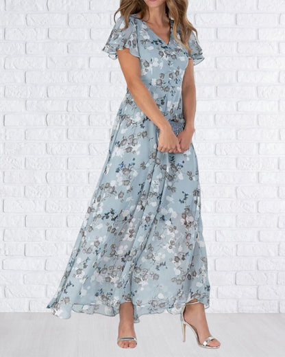 Elarova | Florales Maxikleid Damen | Chiffonstoff luftiges Sommerkleid | Maxikleid mit fließendem Rock
