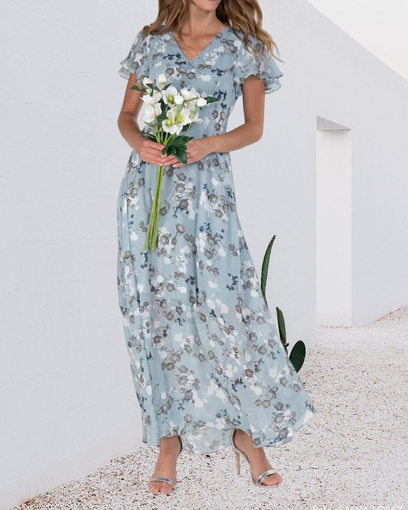 Elarova | Florales Maxikleid Damen | Chiffonstoff luftiges Sommerkleid | Maxikleid mit fließendem Rock
