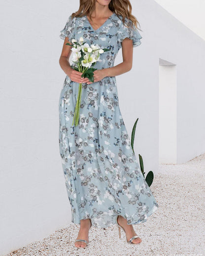 Elarova | Florales Maxikleid Damen | Chiffonstoff luftiges Sommerkleid | Maxikleid mit fließendem Rock