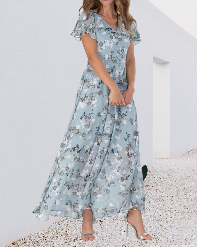 Elarova | Florales Maxikleid Damen | Chiffonstoff luftiges Sommerkleid | Maxikleid mit fließendem Rock