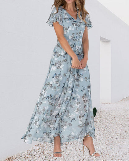 Elarova | Florales Maxikleid Damen | Chiffonstoff luftiges Sommerkleid | Maxikleid mit fließendem Rock