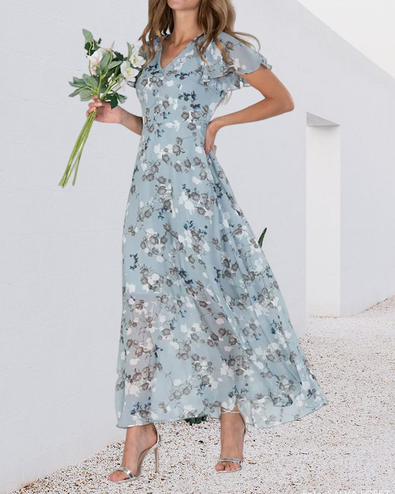 Elarova | Florales Maxikleid Damen | Chiffonstoff luftiges Sommerkleid | Maxikleid mit fließendem Rock