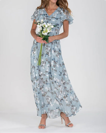 Elarova | Florales Maxikleid Damen | Chiffonstoff luftiges Sommerkleid | Maxikleid mit fließendem Rock