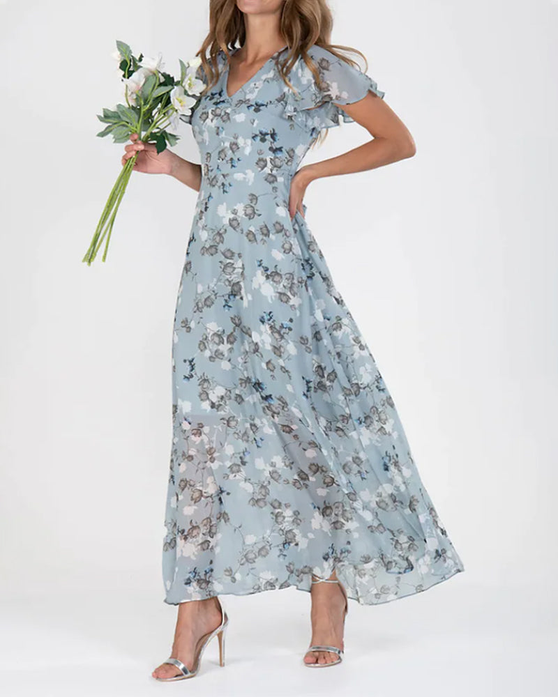 Elarova | Florales Maxikleid Damen | Chiffonstoff luftiges Sommerkleid | Maxikleid mit fließendem Rock