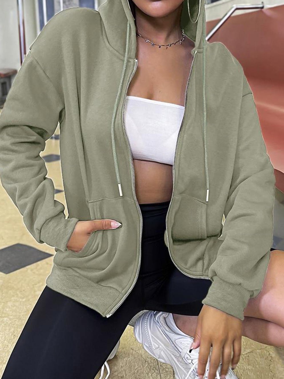 Elarova | Frauen Hoodie Lässig Einfarbig Reißverschluss Tasche Langarm Hoodie