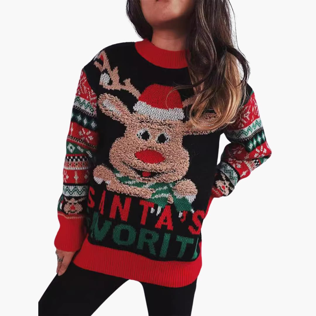 Elarova | Frauen Weihnachts Pullover mit Rentier und Santa’s Lieblings