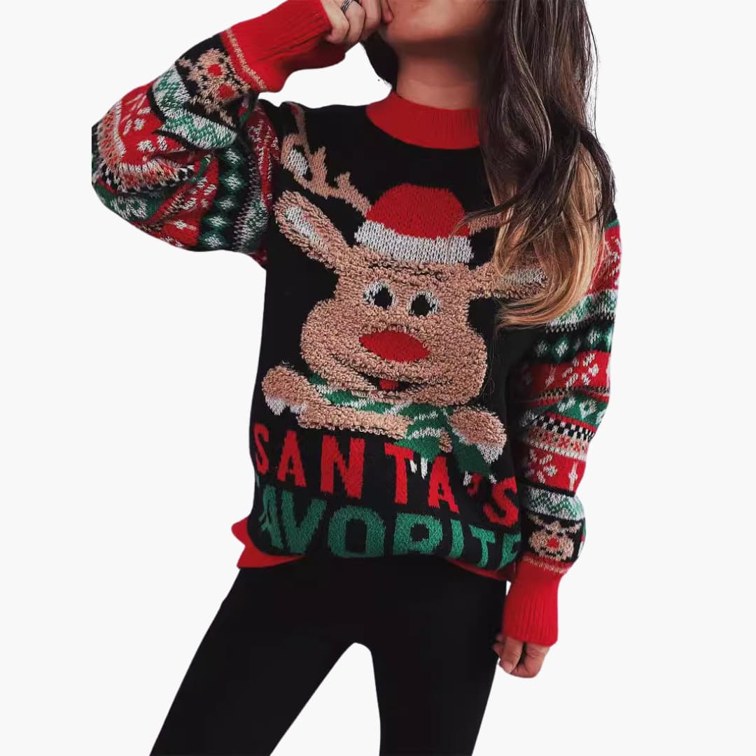 Elarova | Frauen Weihnachts Pullover mit Rentier und Santa’s Lieblings