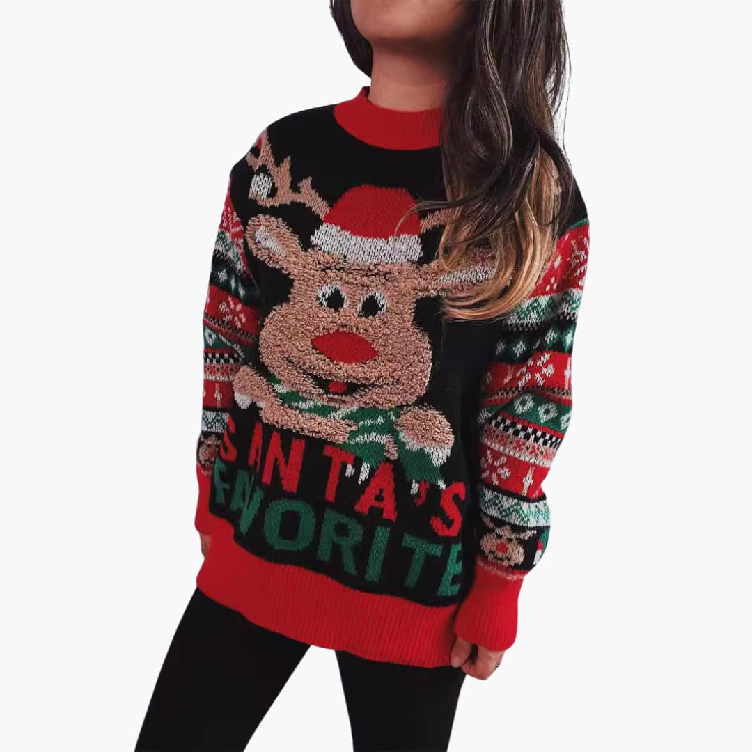 Elarova | Frauen Weihnachts Pullover mit Rentier und Santa’s Lieblings