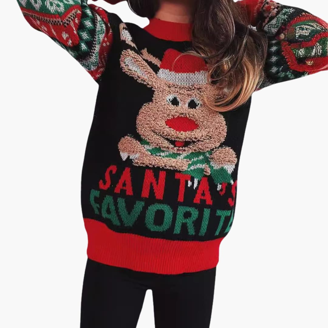 Elarova | Frauen Weihnachts Pullover mit Rentier und Santa’s Lieblings