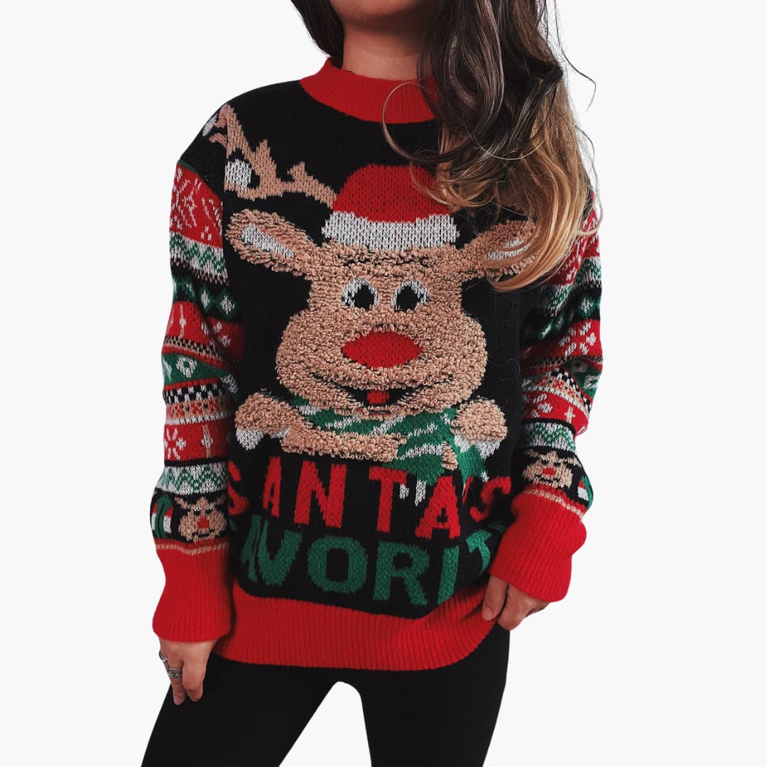 Elarova | Frauen Weihnachts Pullover mit Rentier und Santa’s Lieblings