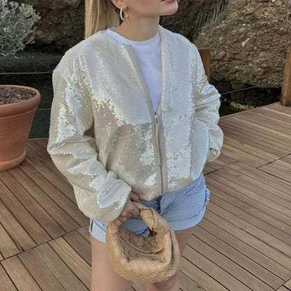 Elarova | Funkelnde Pailletten-Jacke mit Reißverschluss
