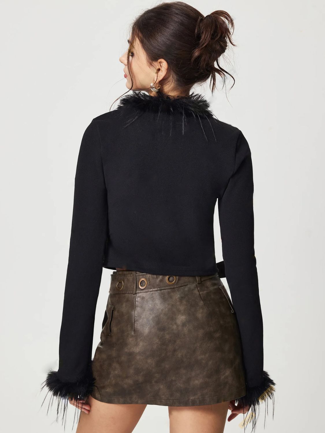 Elarova | Gebunden Fuzzy Trim Langarm Strickjacke