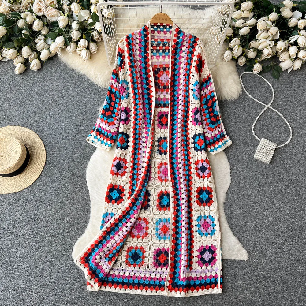 Elarova | Gehäkelte Lange Granny Square Strickjacke