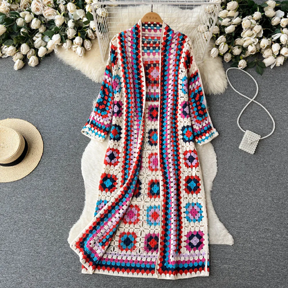 Elarova | Gehäkelte Lange Granny Square Strickjacke