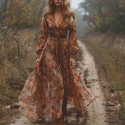 Elarova | Gemustertes Gedrucktes Langärmeliges Plissiertes Kleid