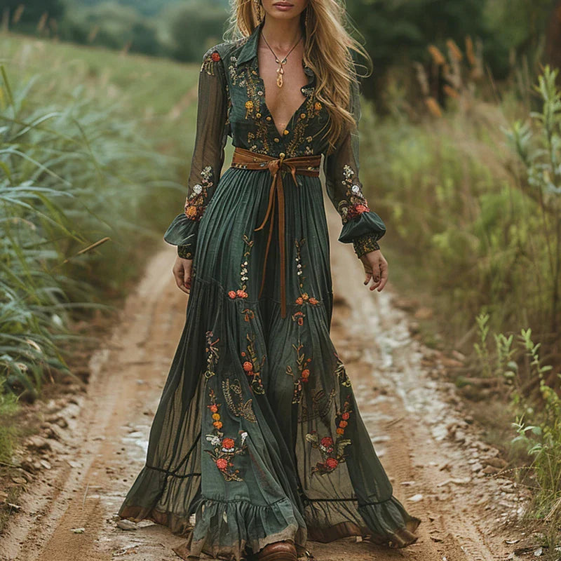 Elarova | Gemustertes Gedrucktes Langärmeliges Plissiertes Kleid