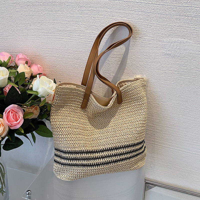 Elarova | Geräumige Strandtasche aus Stroh mit Polyesterfutter