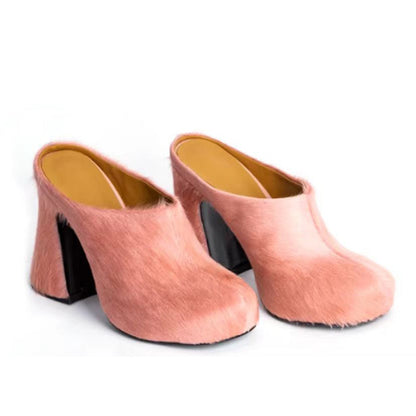 Elarova | Geschlossene Zehe Rosshaar Chunky Heel Wasserdichte Plattform Slipper