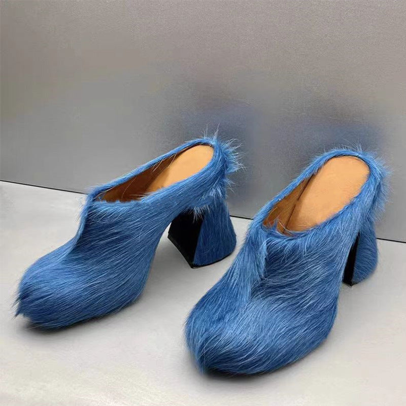 Elarova | Geschlossene Zehe Rosshaar Chunky Heel Wasserdichte Plattform Slipper