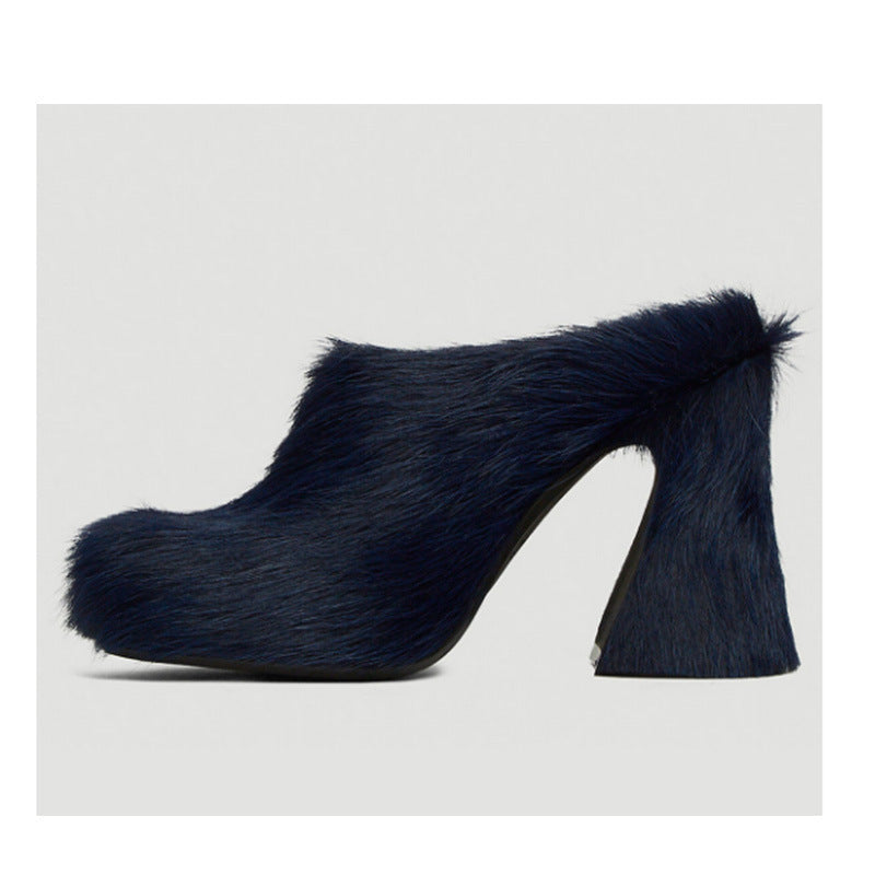 Elarova | Geschlossene Zehe Rosshaar Chunky Heel Wasserdichte Plattform Slipper