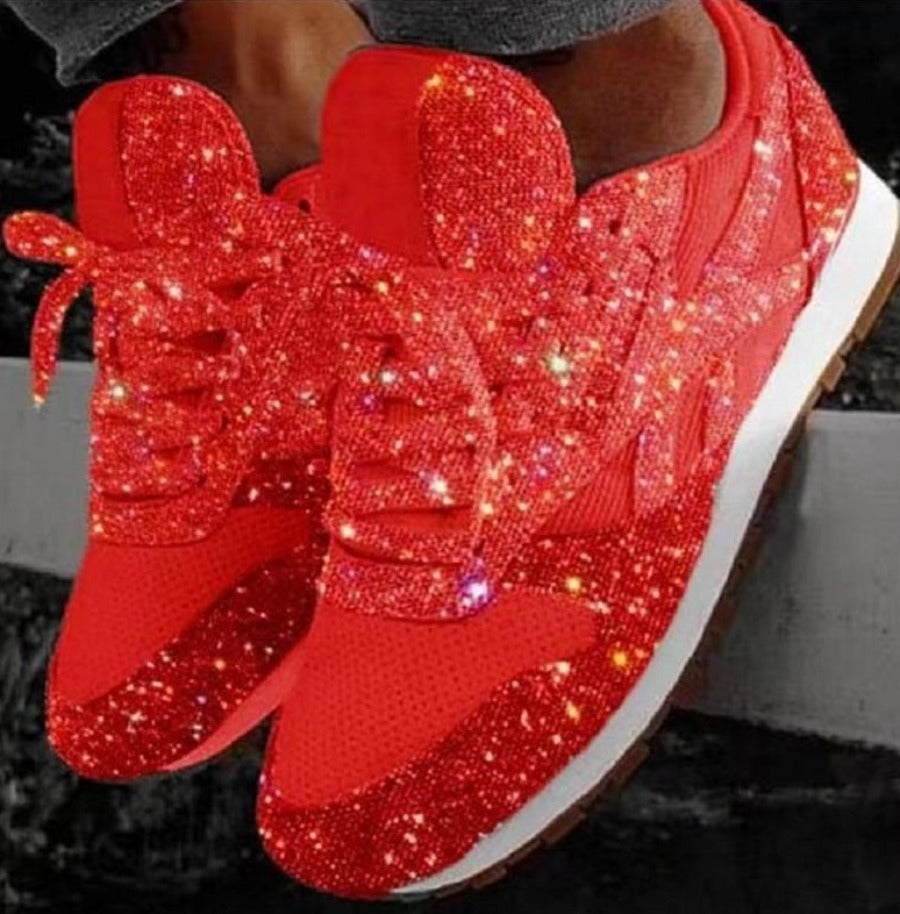 Elarova | Glitzer Mesh Schnürung Plattform Komfort Vulkanisierte Sneakers