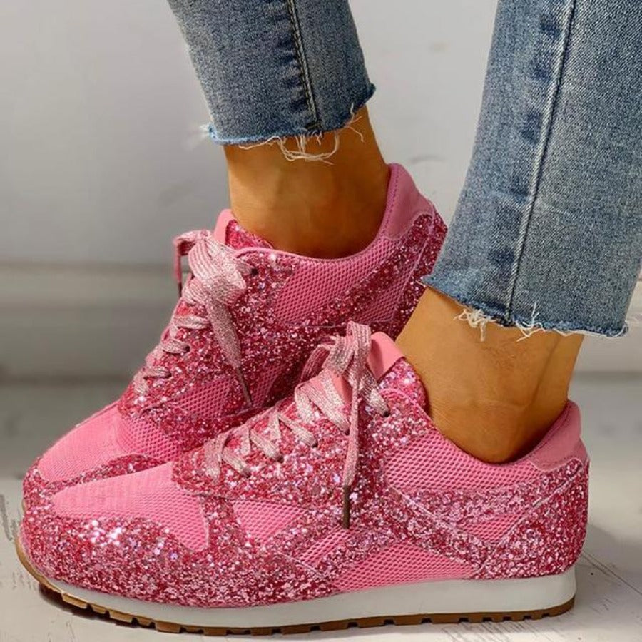 Elarova | Glitzer Mesh Schnürung Plattform Komfort Vulkanisierte Sneakers