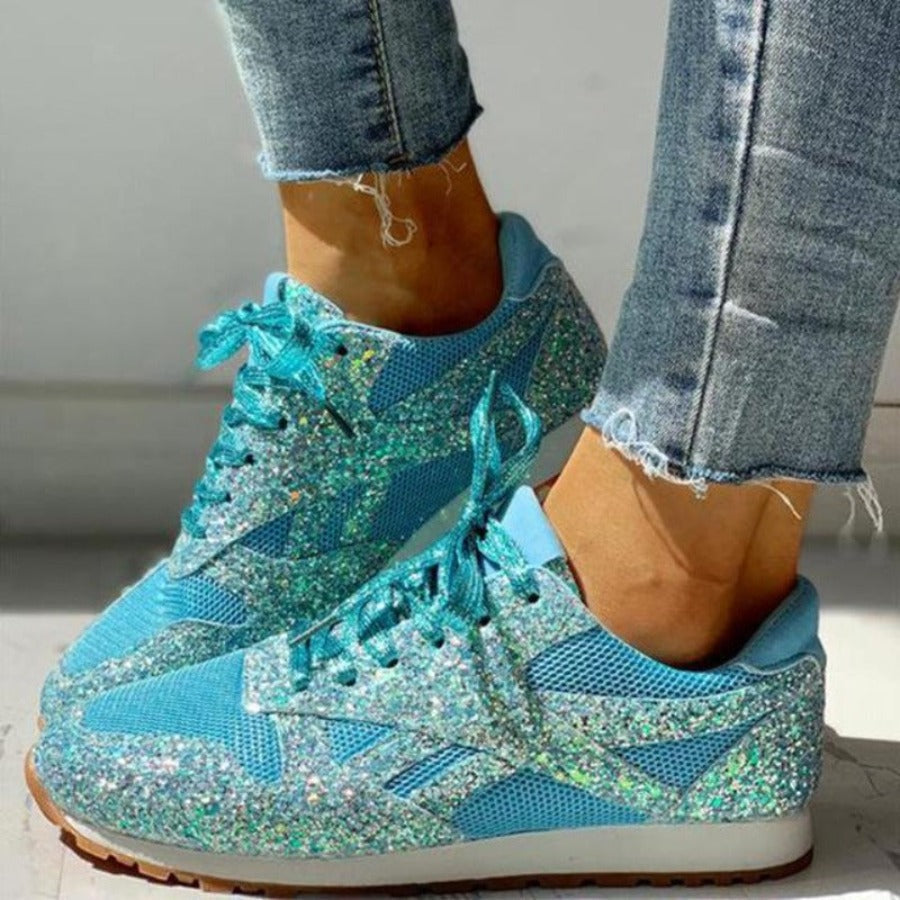 Elarova | Glitzer Mesh Schnürung Plattform Komfort Vulkanisierte Sneakers