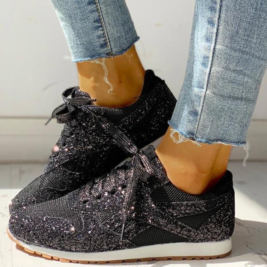 Elarova | Glitzer Mesh Schnürung Plattform Komfort Vulkanisierte Sneakers