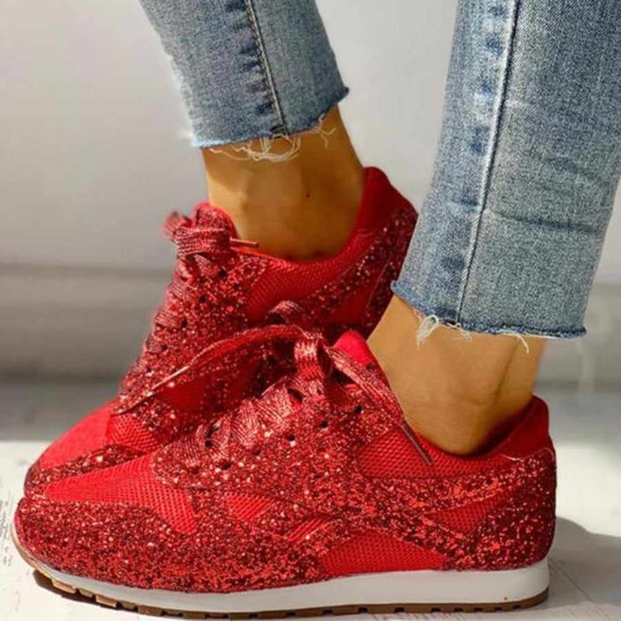 Elarova | Glitzer Mesh Schnürung Plattform Komfort Vulkanisierte Sneakers