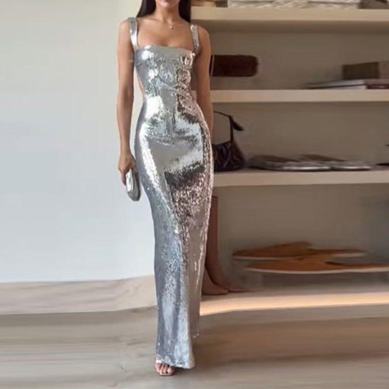 Elarova Glitzer-Neckholderkleid mit quadratischem Ausschnitt und offenem Rücken
