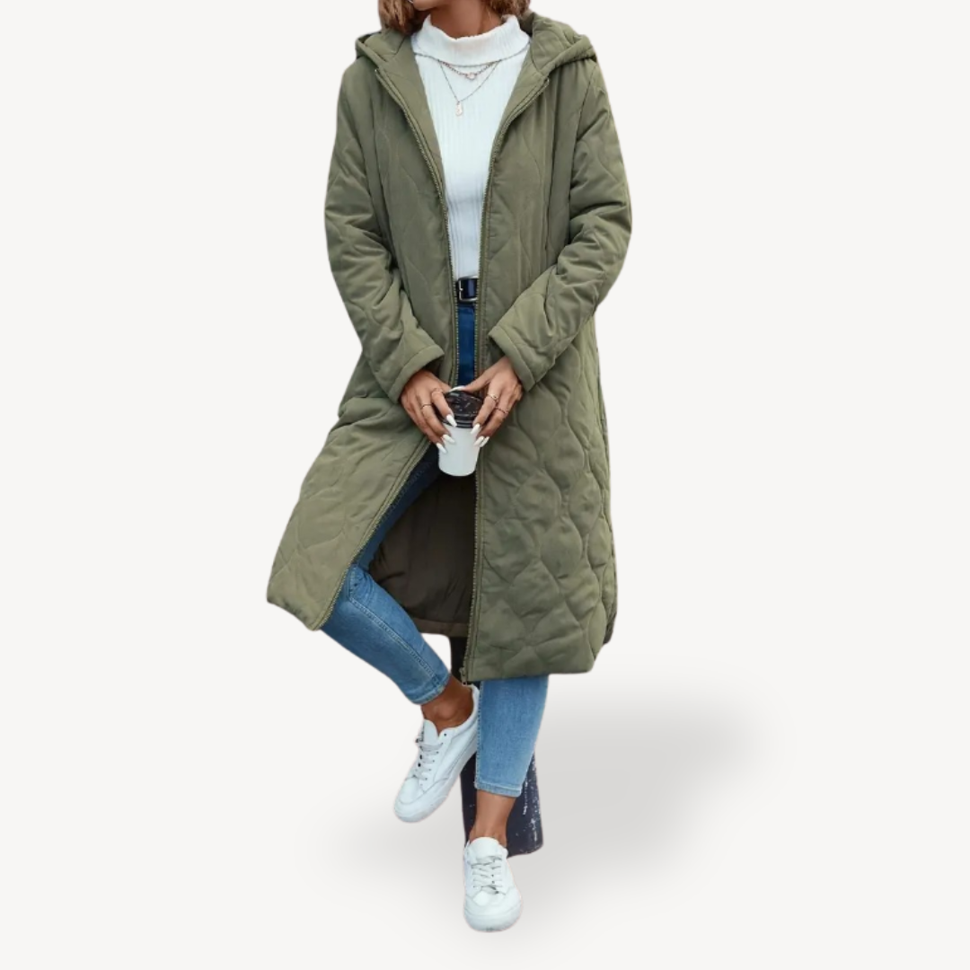 Elarova | Grüner gesteppter Wintermantel mit Kapuze für Damen