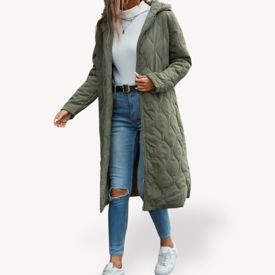 Elarova | Grüner gesteppter Wintermantel mit Kapuze für Damen