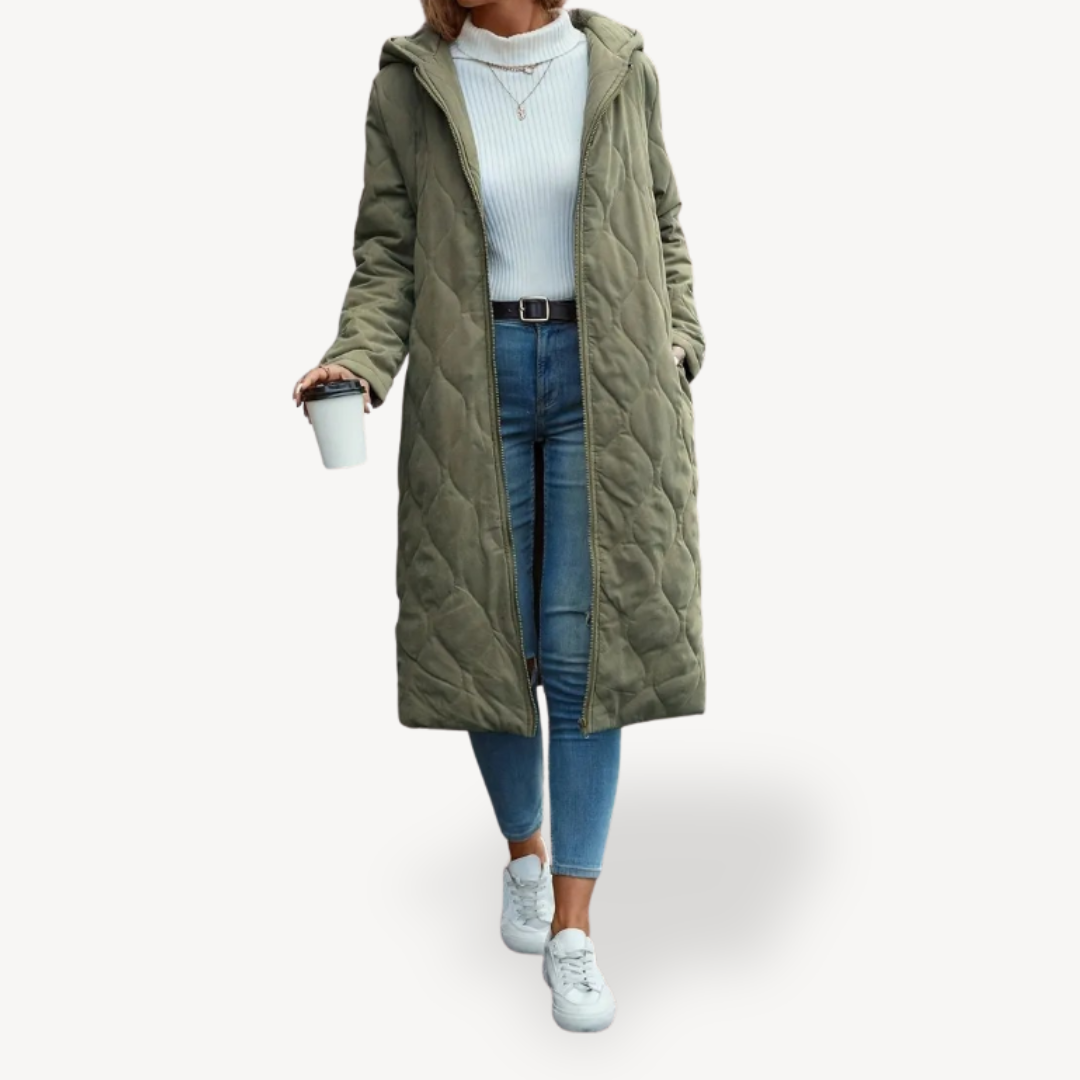 Elarova | Grüner gesteppter Wintermantel mit Kapuze für Damen