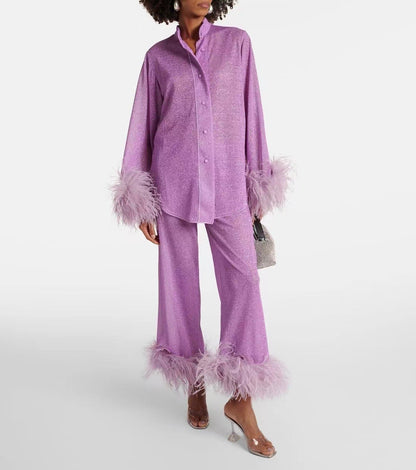 Elarova | Herbst Winter Feder Stehkragen Langarmoberteil und Hosen Set