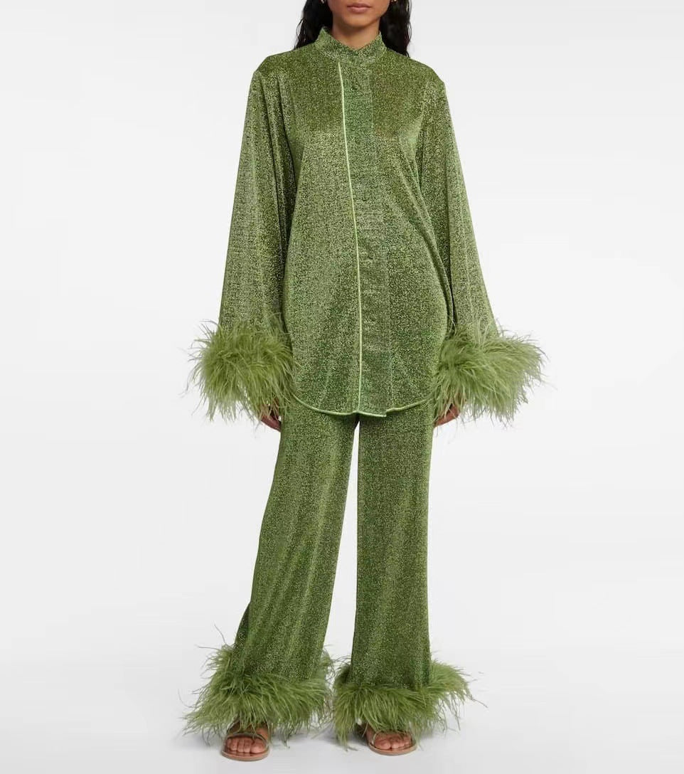 Elarova | Herbst Winter Feder Stehkragen Langarmoberteil und Hosen Set
