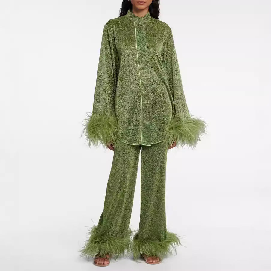 Elarova | Herbst Winter Feder Stehkragen Langarmoberteil und Hosen Set