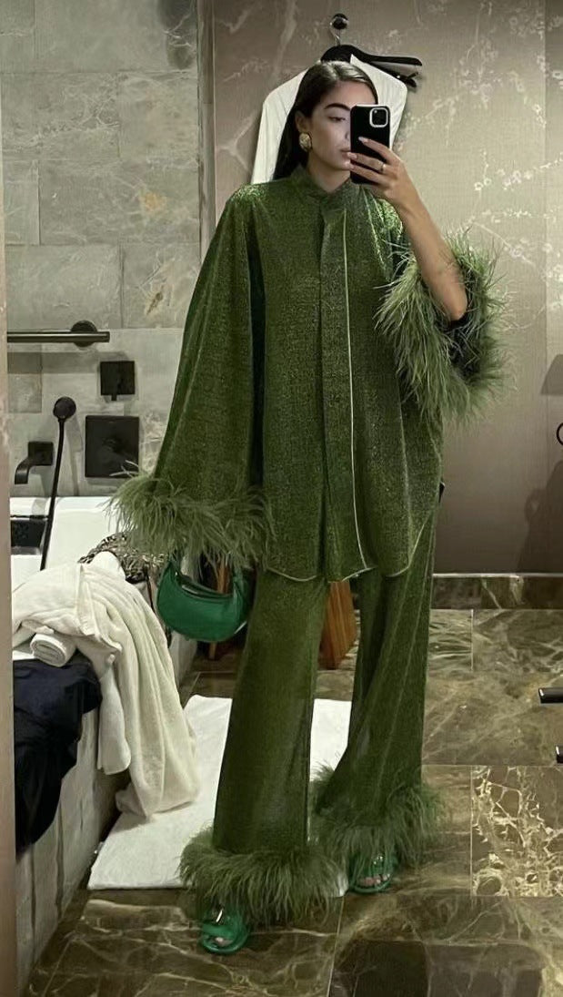 Elarova | Herbst Winter Feder Stehkragen Langarmoberteil und Hosen Set