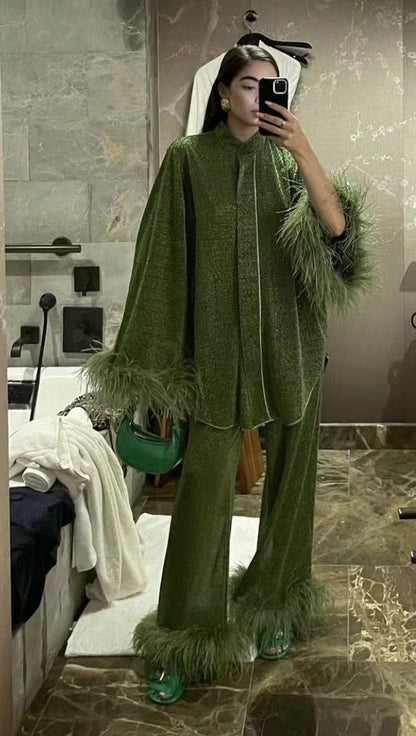 Elarova | Herbst Winter Feder Stehkragen Langarmoberteil und Hosen Set